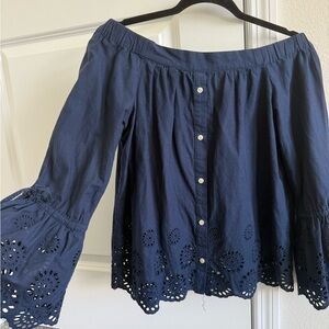 Anthropologie Navy Off-Shoulder Eyelet Blouse